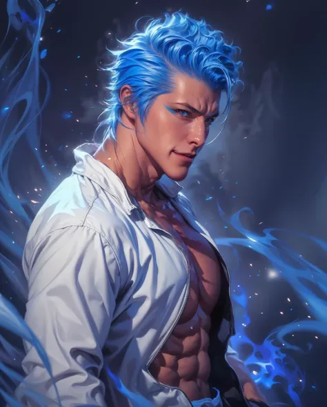 (1boy | grimmjow jaegerjaquez | blue hair | open clothes | white jacket | muscular | pectorals | abs muscles | grin | angry eyes | perfect hand | perfect arm), (human on fire | blue fire ), (fighting punching with a viewers pose), (dark quiet place | fog | barren place), in the dark, deep shadow, low key, looking at viewer, ((cowboy shot)), dynamic background and angle, ray tracing, exposure blend, cinematic bloom, deep contrast, sharp focus, detailed landscape, vivid colors, photo realistic, extremely detailed CG unity 8k wallpaper, high-res, beautiful and aesthetic, masterpiece, best quality, fantasy art, <lora:Detail_Tweaker:0.7> <lora:GoodHands-vanilla:0.8> <lora:bleach_jaegerjaquez:0.8> <lora:on_fire:0.6>