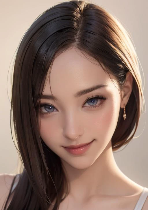 masterpiece, best quality, intricate detailed, hyper realistic, perspective, illustration, 1girl, beautiful detailed eyes, smile, frontal view, simple background, studio