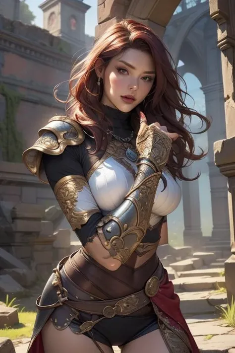a ((european)) female Amazon, pose after beating a monster, medieval theme,
(((masterpiece))), ((best quality)), ((intricate detailed)), ((Hyperrealistic)), a muscular woman with feather coat, bracers, pauldrons, perspective, highly detailed, illustration, 1 girl, perfect hands, detailed fingers, beautiful detailed eyes, long hair, red hair (fantasy:1.2), armor, detailed background, a ruin, fierce look, looking at the viewer, from the front,