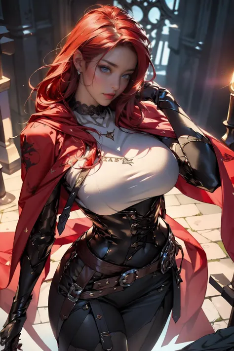 vampire empress, mature woman, 30 years old, solo focus, red wavy hair, fashion hair, light blue eyes, big breasts, toned body, intricate paladin armor, battle poses, masterpiece, ultra HD, raw photos, detailed skin textures, detailed face, detailed hair, detailed crown, perfect hands, dynamic angle