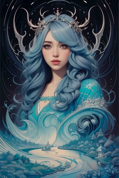 best quality, masterpiece, (highly intricate details), (Camilla d'Errico:1.4), american woman, vibrant digital illustration, flowing lines, vibrant colors, dreamlike, fantasy, background in traditional art, absurdly long hair,  choppy bob, gray