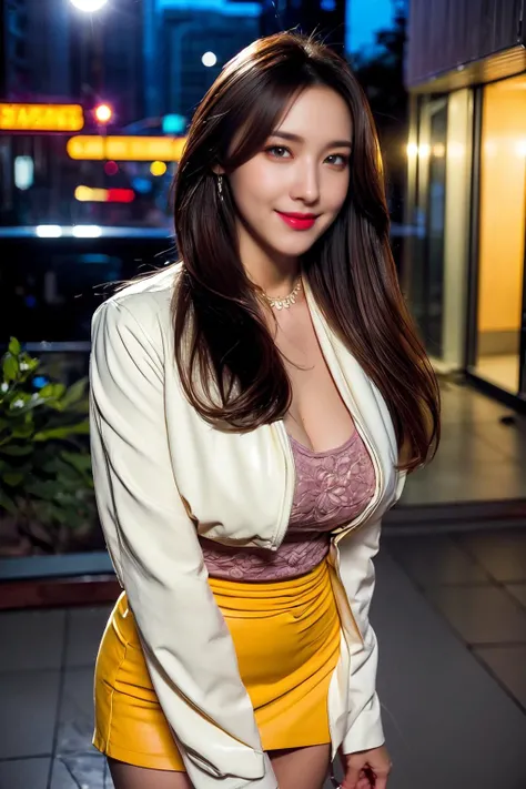 a korean woman walking in the city, buildings, night, plants,smile, mixed Korean, background blur, focus, professional photography, dynamic angle shot, film grain, bokeh, ray tracing, dynamic lighting, tilt camera, from above shot, lens flare,
(((masterpiece))), ((best quality)), ((intricate detailed)), ((realistic)), (50mm Sigma f/1.4 ZEISS lens, F1.4, 1/800s, ISO 100, photograpy:1.1), perspective,milf, mature woman, highly detailed, illustration, 1girl, (big breasts), beautiful detailed eyes, long straight hair, bang, yellow hair, brown eyes, (casual outfit:1.2), leather jacket, red v_neck_dress, black mini skirt, black choker, earrings, high heels, detailed background, perfect eyes, seductive eyes, looking at the viewer, from front <lora:odanon-lora-v1-128dim-4ep-novae:0.4> <lora:danni2D_e536075steps:0.4> <lora:add_detail:1> <lora:koreanDollLikeness:0.6>