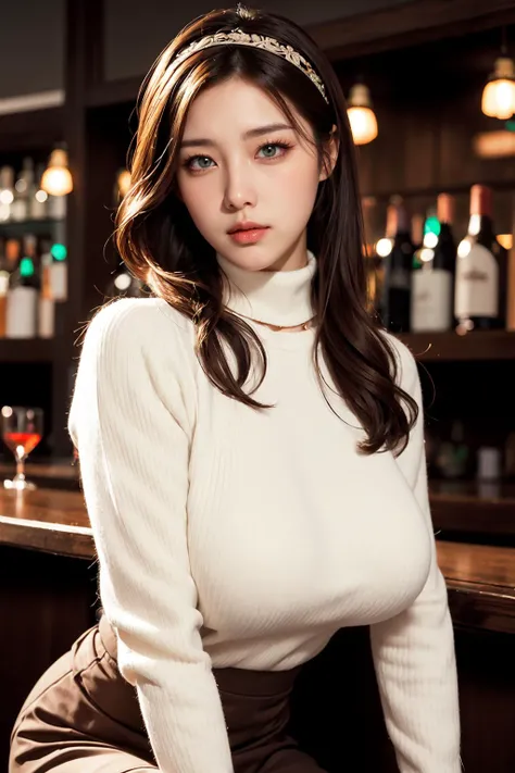 close-up of beautiful beautiful korean female, 34 inch breasts size, wearing long sleeve shirt, , sitting in the bar, cinematic scene, UHD