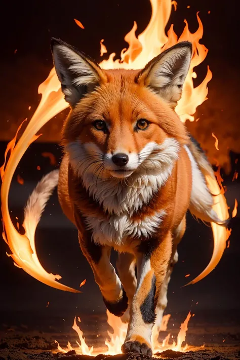 Generate an image of a magnificent fox formed of vibrant, eternal fire element,swirling eternal flames in hues of fiery orange and red, set against a velvety, dark backdrop. The fox exudes a sense of dynamic motion, its lithe body and mane crafted from mesmerizing, undulating lines of flame that convey a sense of power and vitality. The intricate details of the fox's facial features are meticulously captured, highlighting the intensity and intelligence in its fiery gaze. The overall composition combines strength and artistry, showcasing the essence of a fox embodied by flames, emphasizing the fluidity and energy of the blazing inferno.