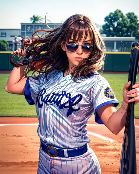 medium shot, a beautiful woman in baseball_uniform,(extremely long hair, strong windy:1.2), sunglasses, hold a weapon,bat, skinny body, delicate hands, in Playground,strong sun lighting, (sharp focus, eyes focus, best quality, realistic detail,clear image,high resolution)