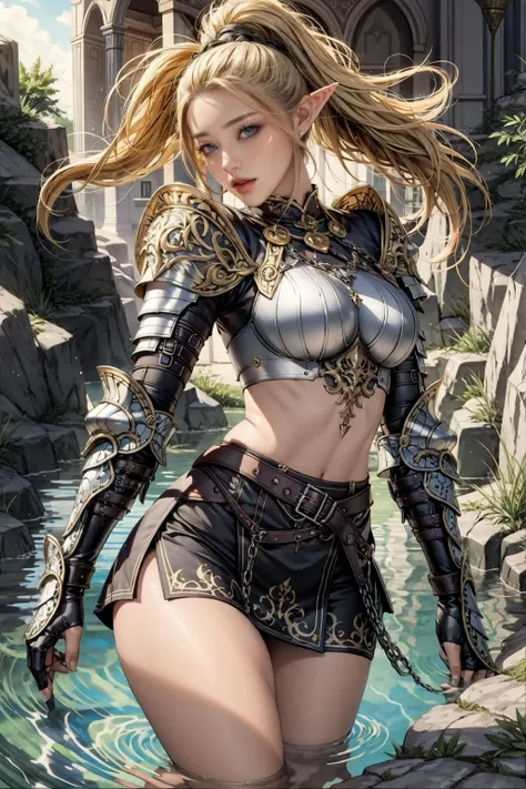 a female elf with a sexy body figure, hunting, medieval theme, pointy ears,  ((MILF)), (seducing smile:0.1), (seducing looking:0.2), (angry:1.0), ponytail, 
(((masterpiece))),  ((best quality)), ((intricate detailed)), a sexy woman with elf attributes cloths, (big breast:0.1), bracers, pauldrons, perspective, highly detailed, illustration, 1 girl, beautiful detailed eyes, long hair, blonde hair,  (fantasy:1.2),  armor, detailed background, (at the castle, bedroom, royal, painting on the wall:0.0), inside underground cave, partially submerged, water ripple, fierce look, (looking at the viewer:1.3), from the front,   <lora:adventurers_v1:1>  <lora:LowRA:0.15>, (spread legs:0.0), (mini skirt:1.3)