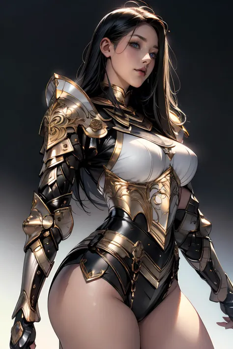 1girl, depth of field, official art, unity 8k wallpaper, ultra detailed, illustration, beautiful and aesthetic, masterpiece, best quality, knight, (big breasts), (milf, mature female), (black armor, armor, breastplate), beautiful face, (long hair, black hair,  very straight hair:1.4, hime cut:1.4), blue eyes, cowboy shot, glowing skin, back lighting, athletic figure, muscular female, curvy, wide hips, colorful, looking at viewer, Hyperrealistic, gradient background, dark background, outline, fantasy, from the front, watercolor, traditional media, (chromatic aberration, intricate details)