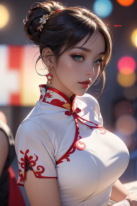 Photo of a woman with natural skin, Upper Body, Seaside cave, The light is shining in, High Twintails, Black hair with red mesh, Sharp eyes with red eyeshadow, Blue-green eyes, Shining eyes, A thin, upturned nose, Well-shaped lips, Big Breasts, ((China dress)), barefoot, Makeup, Exquisitely crafted with the utmost attention to detail, Vibrant, amazing, Smooth, Cinematic, 4K, Backlight, (()), Shallow depth of field, ((Detailed eyes:1.3, Detailed lips:1.3, high quality, )), masterpiece, Super detailed images, High quality