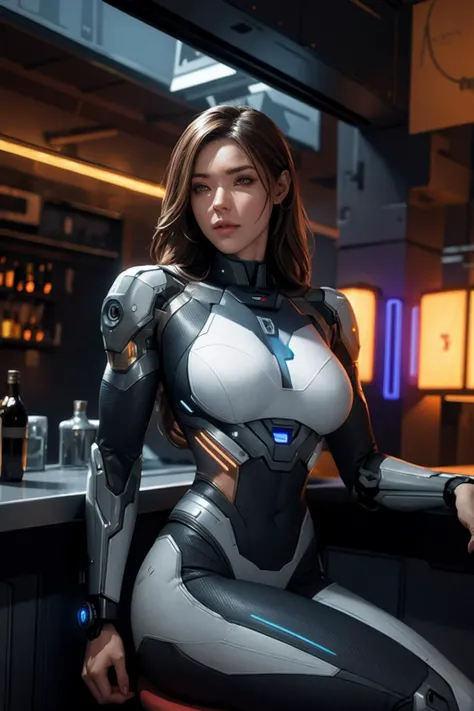 a female cyborg sitting in a bar on a space station. cinematic volumetric light. high dynamic range.