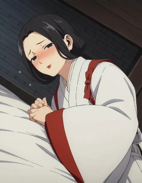score_9, score_8_up, score_7_up, source_anime,
maizuru, <lora:maizuri-s1-ponyxl-lora-nochekaiser:1>,
maizuru, black hair, black eyes, long hair, low-tied ponytail, forehead, makeup, lipstick, red lips,
japanese clothes, wings, wide sleeves,
indoors, bed, bed room, on side, blush, drunk,
looking at viewer, solo, cowboy shot, dutch angle,