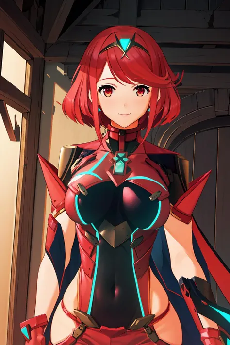 anime cels style, (POV, 1boy, faceless male, POV paizuri, paizuri, breast squeeze:1.4), outdoors, big tree, best quality, high resolution, 1girl, (huge breasts:1.2), pyra \(xenoblade\), embarrassed, smile, looking at viewer