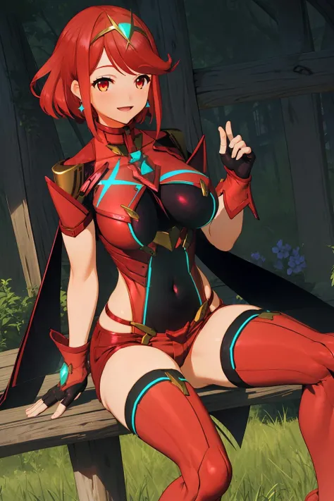 smile,;d,
<lora:å¼åç°1Ve:0.7>,1girl,red hair,red eyes,earrings,short hair,swept bangs,tiara,gem,sidelocks,floating hair,fingerless gloves,chest jewel,large breasts,shoulder armor,skindentation,covered navel,gem,red armor,leotard,framed breasts,neon trim,scarf,turtleneck,red shorts,red short shorts,red thighhighs,, Exquisite visuals, high-definition,masterpiece,best quality,, Exquisite visuals,high-definition,masterpiece,best quality,18yo,Young female,Beautiful Fingers,Beautiful long legs,Beautiful body,Beautiful character design,white panties,