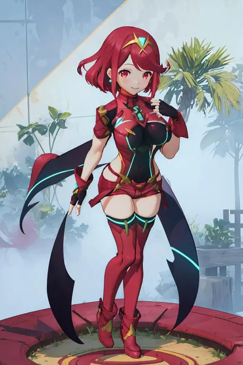 smile,;d,
<lora:å¼åç°1Ve:0.7>,1girl,red hair,red eyes,earrings,short hair,swept bangs,tiara,gem,sidelocks,floating hair,fingerless gloves,chest jewel,large breasts,shoulder armor,skindentation,covered navel,gem,red armor,leotard,framed breasts,neon trim,scarf,turtleneck,red shorts,red short shorts,red thighhighs,, Exquisite visuals, high-definition,masterpiece,best quality,, Exquisite visuals,high-definition,masterpiece,best quality,18yo,Young female,Beautiful Fingers,Beautiful long legs,Beautiful body,Beautiful character design,white panties,