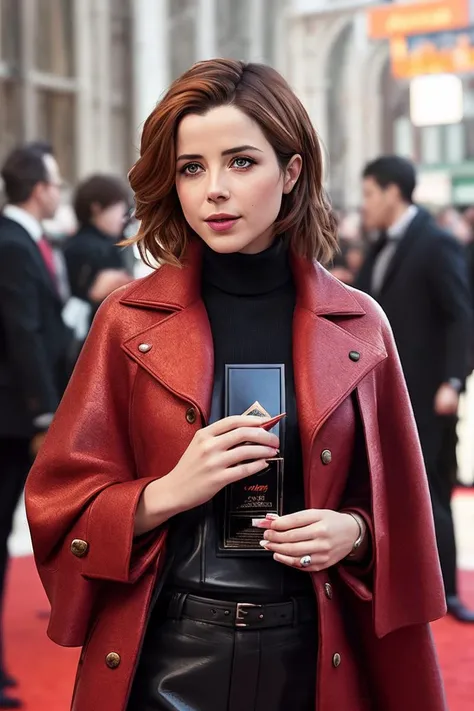 photo of (4nalemke:0.99), a woman as a movie star, modelshoot style, (extremely detailed CG unity 8k wallpaper), photo of the most beautiful artwork in the world, professional majestic oil painting by Ed Blinkey, Atey Ghailan, Studio Ghibli, by Jeremy Mann, Greg Manchess, Antonio Moro, trending on ArtStation, trending on CGSociety, Intricate, High Detail, Sharp focus, dramatic, photorealistic painting art by midjourney and greg rutkowski, (long brown coat), (turtleneck), ((comicon event)), (leather trousers), ((standing on the red carpet)), ((paparazzi in the background)), (looking at viewer), (detailed pupils:1.3), (modern outfit:1.2), closeup, red lips, (eye shadow)