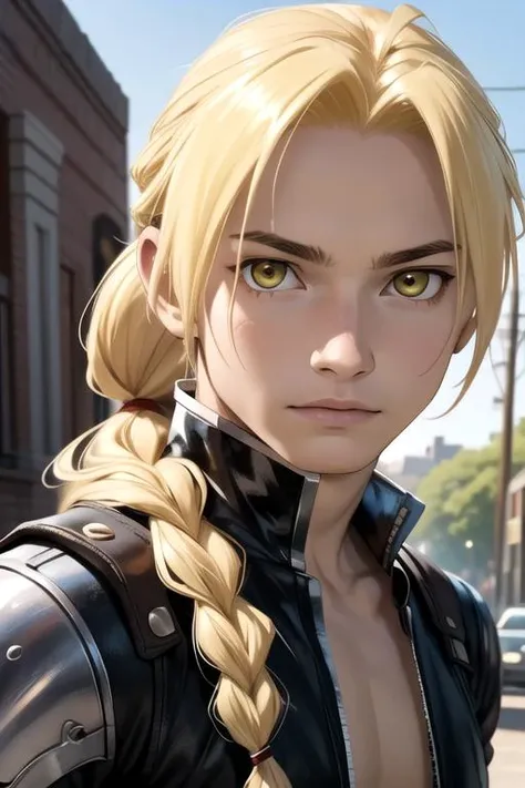 masterpiece, best quality, , 1boy, solo, male focus, looking at viewer, , , , realistic, <lora:edward_elric:0.72>, edward_elric, blonde hair, yellow eyes, single mechanical arm, single braid, braided ponytail, long hair