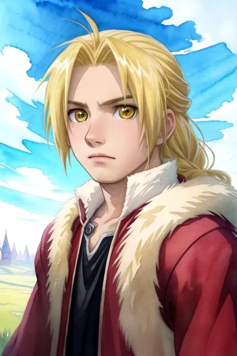 masterpiece, best quality, movie still, 1boy, solo, male focus, looking at viewer, upper body, depth of field, (watercolor illustration, soft pastel colors:1.1), , <lora:edward_elric:0.68>, edward_elric, blonde hair, yellow eyes, long hair, , , Narnia: A land of talking animals and magical creatures, ruled by Aslan the lion,