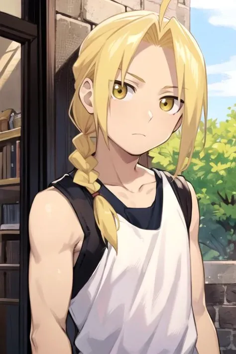 masterpiece, best quality, , 1boy, solo, male focus, looking at viewer, upper body, , , , <lora:edward_elric:0.72>, edward_elric, blonde hair, yellow eyes, braid, single braid, braided ponytail, single mechanical arm, , ,