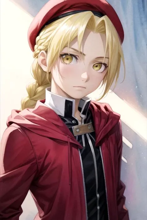 masterpiece, best quality, wallpaper, 1boy, solo, male focus, looking at viewer, upper body, depth of field, (watercolor illustration, soft pastel colors:1.1), , <lora:edward_elric:0.70>, edward_elric, blonde hair, yellow eyes, braid, single braid, braided ponytail, prosthesis, , beret, , 4k resolution