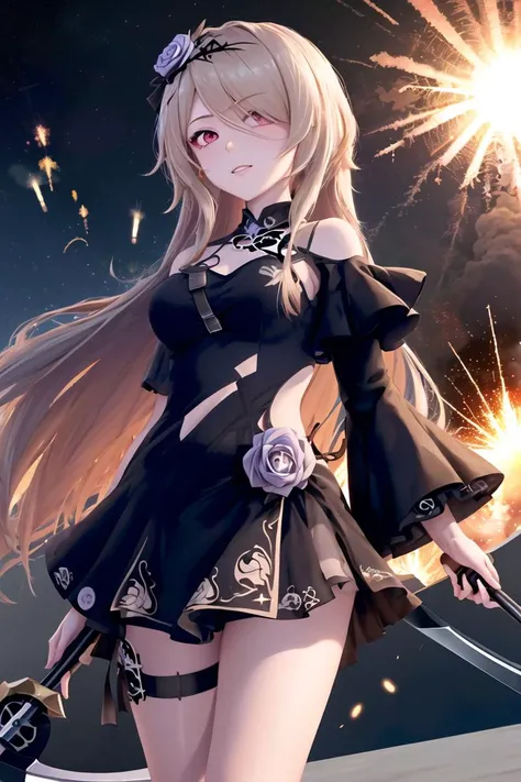 {{masterpiece}},{best quality}, {solo}, ((one girl)), highres, extremely detailed CG wallpaper,(looking at viewer), <lora:ritaRossweisseFallenRosemary:1>,rita rossweisse (fallen rosemary), rita rossweisse, dress, choker, platinum blonde hair, alternate hair length, ((long hair)), alternate hairstyle, detached sleeves, hair over one eye, eyes visible through hair, hair flower, blue rose, red eyes, swept bangs, asymmetrical sleeves, mole under eye,
BREAK
(holding scythe with one hand, explosion in the background:1.8)