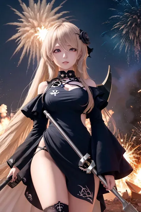 {{masterpiece}},{best quality}, {solo}, ((one girl)), highres, extremely detailed CG wallpaper,(looking at viewer), <lora:ritaRossweisseFallenRosemary:1>,rita rossweisse (fallen rosemary), rita rossweisse, dress, choker, platinum blonde hair, alternate hair length, ((long hair)), alternate hairstyle, detached sleeves, hair over one eye, eyes visible through hair, hair flower, blue rose, red eyes, swept bangs, asymmetrical sleeves, mole under eye,
BREAK
(holding scythe with one hand, explosion in the background:1.8)