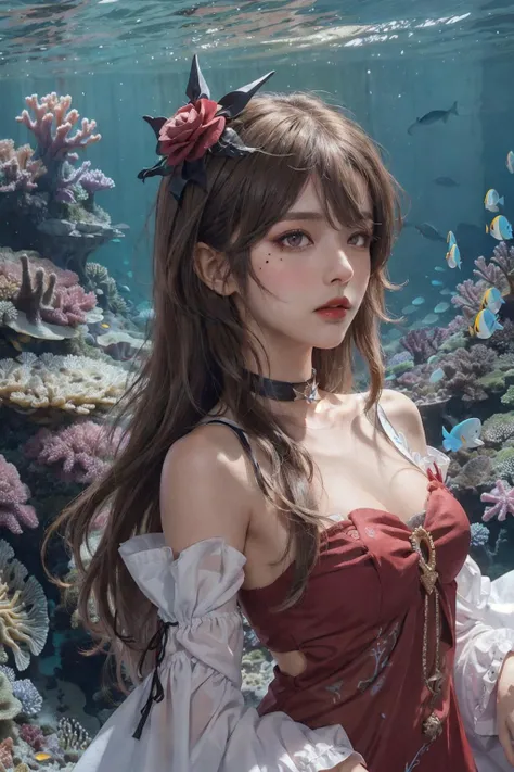 <lora:rita_lion_optimizer_dim64_Model_1e-3noise-000010:0.8>rita rossweisse, dress, choker, brown hair, long hair, detached sleeves, hair over one eye, eyes visible through hair, hair flower, blue rose, red eyes, swept bangs, asymmetrical sleeves, mole under eye, Vibrant coral reef with a variety of marine life