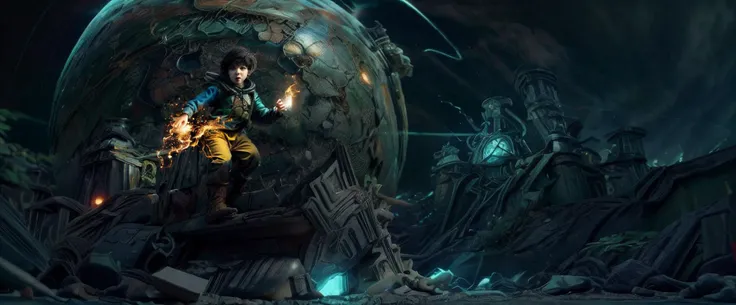 The boy is jumping with the lamp in his hand And with the other right hand have a bowl of Fire