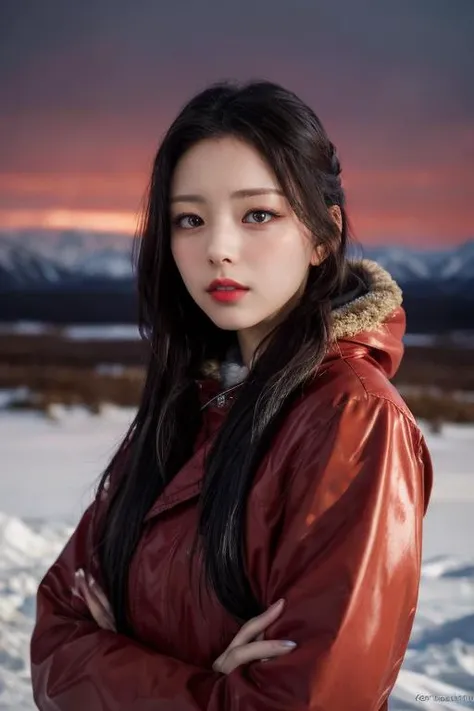 Best quality, 8k, perfect lighting, masterpiece, ultra high res, (photorealistic:1.4), raw photo,1girl, solo, realistic, looking at viewer, upper body, detailed arctic background, dark red winter clothes, dynamic pose, snow, snowflakes, night, aurora sky, detailed oily skin, red lips, closed mouth,