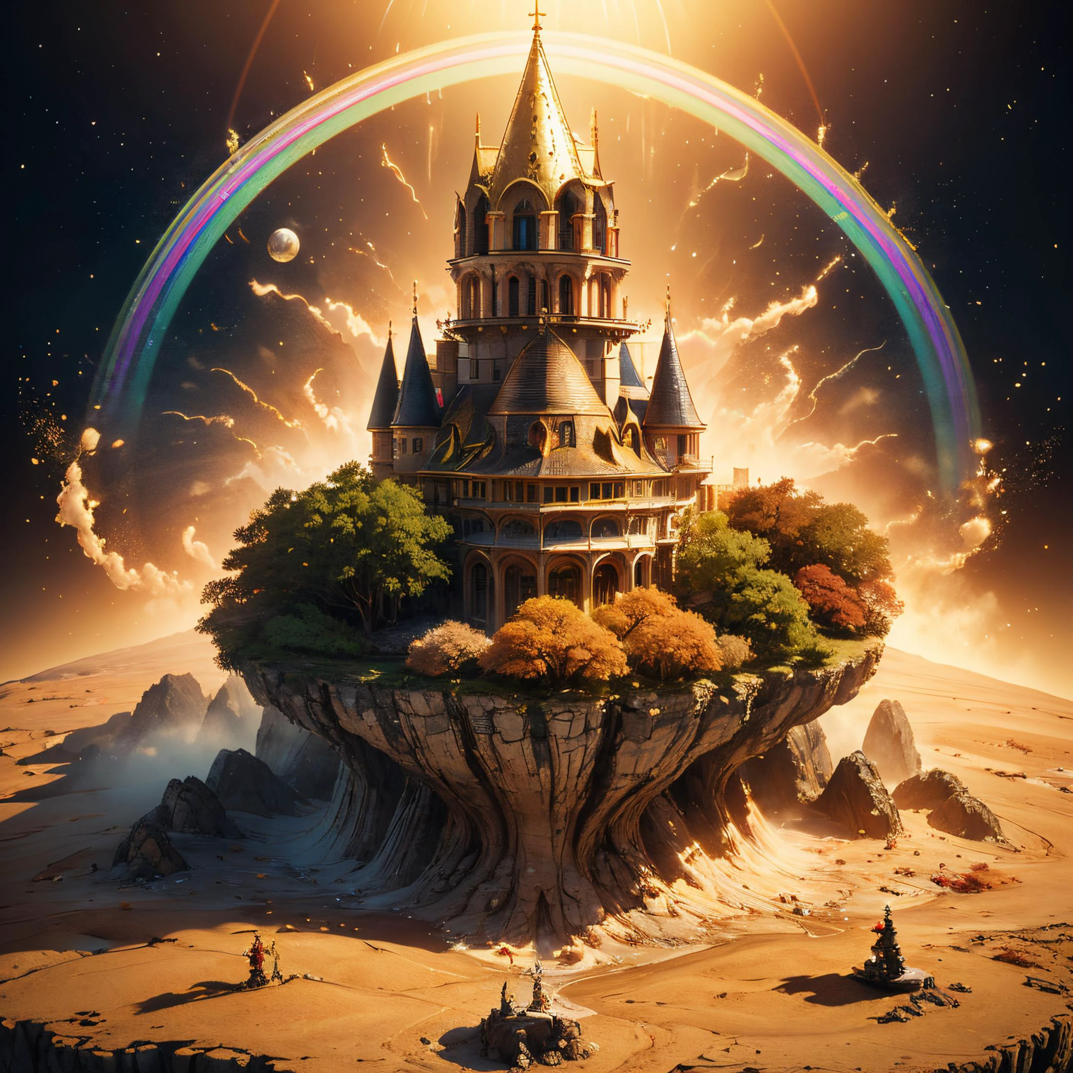 (((award winning photo of A gold goblin who walks over a rainbow in a fairy magical world surrounded by fairies and mythical creatures with a bulging pot of gold and loses gold coins on his way that fall down from the rainbow))). ã» 2 f2 from above the scene is about to start moving toward the light of his house, which is also a fairy world full of fairy creatures, stunning 3d rendered graphics, 8k resolution, artstation winner , artstation, greece, art, art nouveau, beautiful details of castle on the below, 4D Fantasy DMT Fantasy, highly saturated colors and soft natural colors, octane render with natural lighting and micro details by Asher Baderbahnweim and H.R. Giger, intricate details, high res resolution rendered with Arnold render and Unreal Engine and Beeple and H.r. r. giger and Giger. 3d octane render and Unreal 8k, Liquify, <lora:Liquify:1>