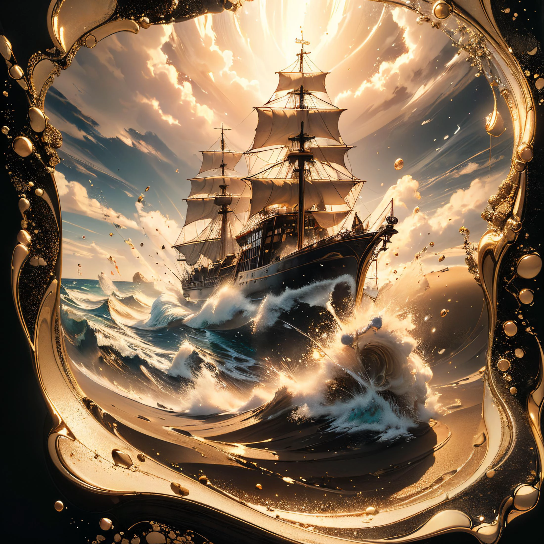 (((award winning photo))) Real:2.0, Fujifilm XT, Photorealistic, (full body:1.2),high contrast, epic cinematic, soft studio lights, rim light, absurd, amazing, itricate, hyper detailed, ultra realistic, soft colors, 8K, Sand, Beach, Ocean ,Focus on a Pirate Ship Liquify, <lora:Liquify:1>