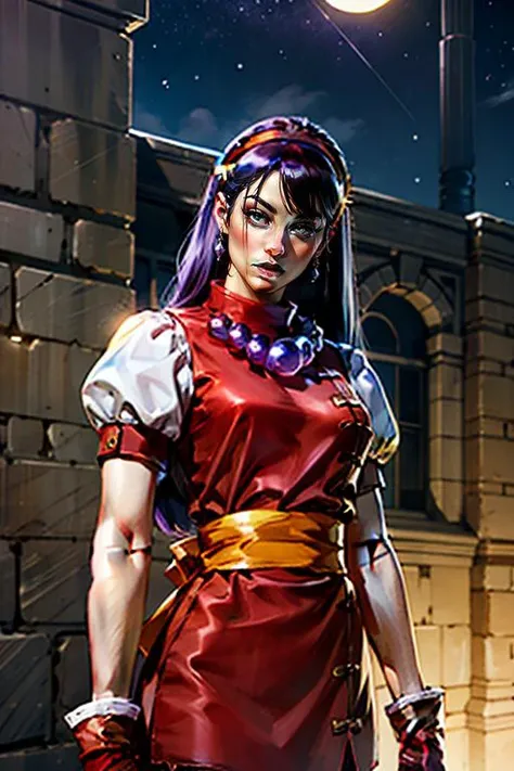 masterpiece, best quality, high quality, absurdres, realistic, UHD,
<lora:GAME_asamiya_athena:0.8>, asamiya_red_top_ownwaifu,hairband,long hair,red hairband,fingerless gloves,gloves,jewelry,purple hair,star (symbol),hair ornament,purple eyes,star hair ornament,breasts,necklace,earrings,short sleeves,dress,puffy sleeves,red gloves,puffy short sleeves,sash,pants,red dress,bangs,