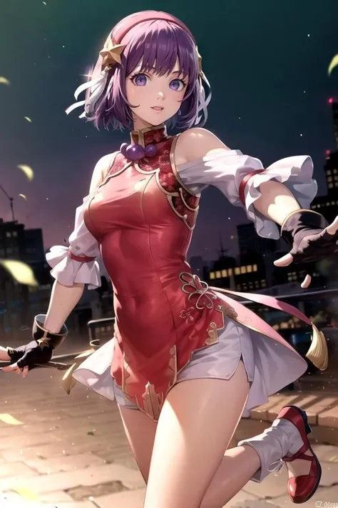 asamiya_chinese_dress_ownwaifu,purple hair,short hair,purple eyes,gloves,hairband ,fingerless gloves,breasts,dress,hair ornament,star (symbol),chinese clothes,red hairband,star hair ornament,bare shoulders,china dress,bangs,shorts,ribbon,red gloves,jewelry,hair ribbo,
masterpiece,best quality,ultra detailed, 8k, cinematic light,highly detailed, scenery,pose,solo,looking at viewer, <lora:GAME_asamiya_athena:1>
