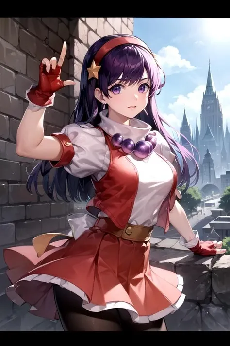asamiya_white_top_ownwaifu,hairband,long hair,purple hair,gloves,fingerless gloves,purple eyes,red hairband,jewelry,star (symbol),hair ornament,pantyhose,skirt ,star hair ornament,breasts,earrings,vest,short sleeves,necklace,red skirt,bangs,large breasts,red gloves,puffy sleeves,shirt,white shirt,
masterpiece,best quality,ultra detailed, 8k, cinematic light,highly detailed, scenery,pose,solo,looking at viewer, <lora:GAME_asamiya_athena:1>