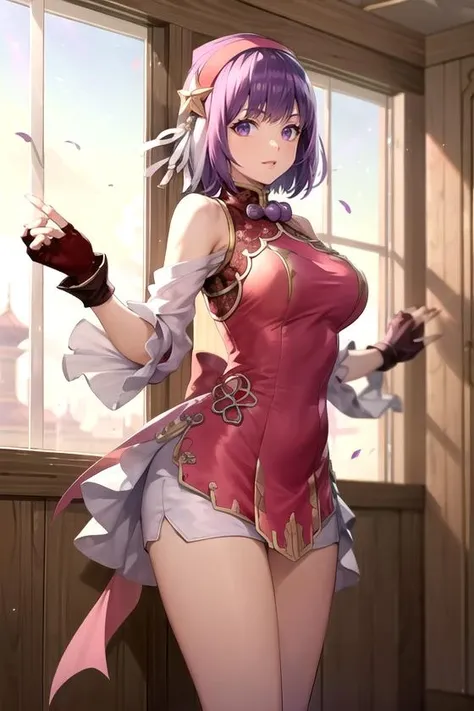 asamiya_chinese_dress_ownwaifu,purple hair,short hair,purple eyes,gloves,hairband ,fingerless gloves,breasts,dress,hair ornament,star (symbol),chinese clothes,red hairband,star hair ornament,bare shoulders,china dress,bangs,shorts,ribbon,red gloves,jewelry,hair ribbo,
masterpiece,best quality,ultra detailed, 8k, cinematic light,highly detailed, scenery,pose,solo,looking at viewer, <lora:GAME_asamiya_athena:1>
