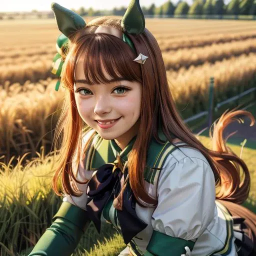 masterpiece, best quality, close up, face shot, smile,
silence suzuka \(umamusume\),black gloves, white skirt, pleated skirt, black pantyhose, layered sleeves, puffy short sleeves, short over long sleeves, black bow, flowing grass,
<lora:silence_suzuka_lora:0.7>