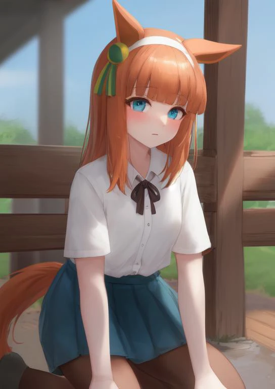 (masterpiece, best quality:1.2), extremely detailed, soft ambient lighting, sharp focus, 4K, BREAK <lora:umamusume_locon:0.7>, sis, Silence Suzuka \(umamusume\), 1girl, orange hair, green eyes, blunt bangs, long hair, brown hair, solo, horse tail, aqua eyes, animal ears, blue eyes, very long hair, horse girl, horse ears, hime cut, ear covers, hair ornament, white hairband, casual, short sleeves, white shirt, green ribbon, neck ribbon, blue skirt, pleated skirt, brown pantyhose BREAK outdoors, stable, wooden fence, looking at viewer, blush, nervous, kneeling