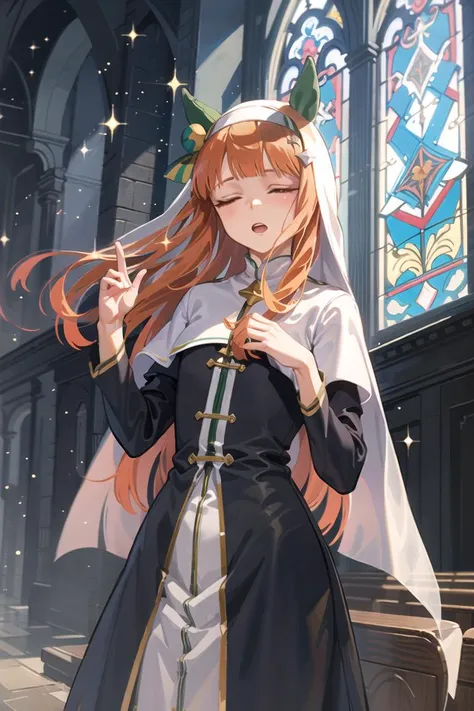 realistic,8k,super fine,<lora:silence_suzuka_lora:0.8>,silence suzuka \(umamusume\),((glitter)),in church,nun,(((((open eyes))))),long hair,flat chests,veil,veil,sing a song,in church,Stained glass,sunbeam