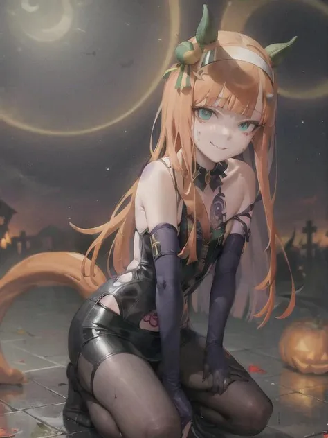 masterpiece, best quality, ultra-detailed, mature, solo, silence suzuka \(umamusume\), <lora:silenceSuzuka_v10:0.8>, flat chest, succubus, devil wings, devil tail, halloween, tattoo, evil smile,