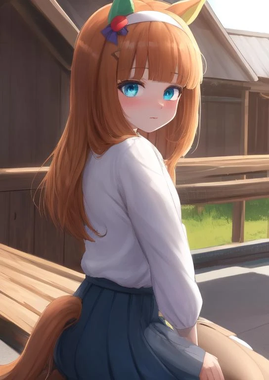 (masterpiece, best quality:1.2), extremely detailed, soft ambient lighting, sharp focus, 4K, BREAK <lora:umamusume_locon:0.7>, sis, Silence Suzuka \(umamusume\), 1girl, orange hair, green eyes, blunt bangs, long hair, brown hair, solo, horse tail, aqua eyes, animal ears, blue eyes, very long hair, horse girl, horse ears, hime cut, ear covers, hair ornament, white hairband, casual, short sleeves, white shirt, green ribbon, neck ribbon, blue skirt, pleated skirt, brown pantyhose BREAK outdoors, stable, wooden fence, looking at viewer, blush, nervous, kneeling