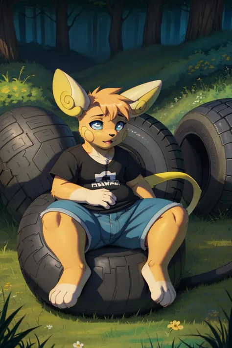 Grunge style alolanraichu, <lora:alolanRaichu:0.85>, sitting on a tire, too heavy, grass, <lora:detailed_eye-10:1> detailed eyes . Textured, distressed, vintage, edgy, punk rock vibe, dirty, noisy