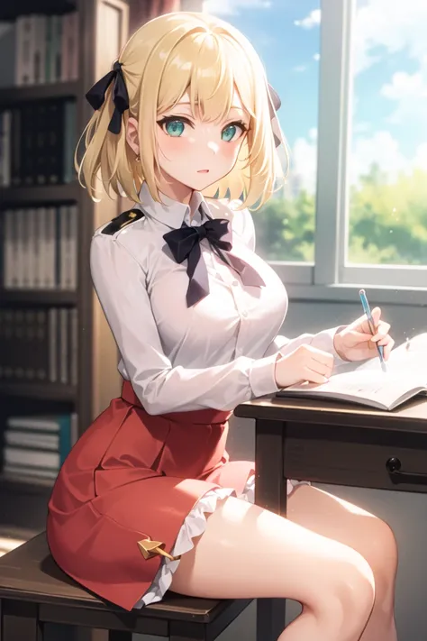 <lora:anisphia_wynn_palettia-v2:1>, (anisphia_wynn_palettia:1.2), pink skirt, short hair, sitting on a desk, bookshelf, chemistry set, (((masterpiece))),(((best quality))),(((extremely detailed))),illustration, shiny,chromatic aberration abuse,pastel color,