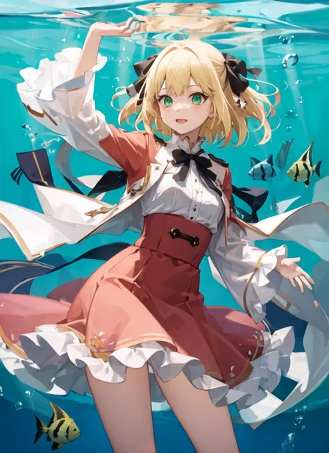 <lora:anisphia_wynn_palettia-v2:1> (anisphia_wynn_palettia:1.1), pink skirt, short hair, blonde hair, green eyes,(black bow:0.8), bubble, air_bubble, underwater, fish, submerged, solo, water