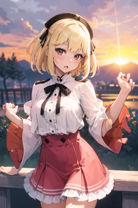 <lora:anisphia_wynn_palettia-v2:1>, (anisphia_wynn_palettia:1.2), 
short hair, pink skirt, sunset, explosion, glow
(((masterpiece))),(((best quality))),(((extremely detailed)))