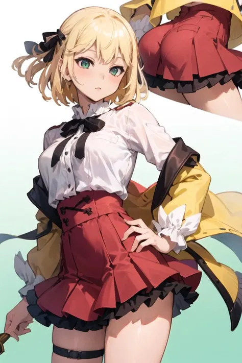 <lora:anisphia_wynn_palettia-v2:1>, (anisphia_wynn_palettia:1.2),
short hair, pink skirt, blonde hair, red cardigan, hair bow, (knife thigh strap)
(((masterpiece))),(((best quality))),(((extremely detailed)))