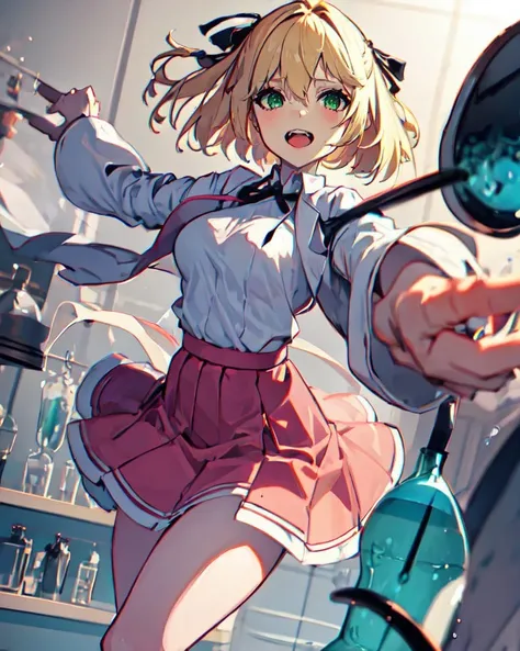 anisphia_wynn_palettia, blonde short hair, green eyes, hair ribbon, medium breasts, (castle:0),
pink skirt, white shirt, laboratory, achemy, potion
<lora:last:1.0>