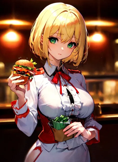 Fast food clerk, Fast Food Worker, Misaka Mikoto, 1girl, blonde hair, long hair, multicolored hair, red eyes, jewelry, earrings, piercing, black choker, uhd, retina, masterpiece, ccurate, anatomically correct, textured skin, super detail, high details, high quality, best quality, highres, 4K