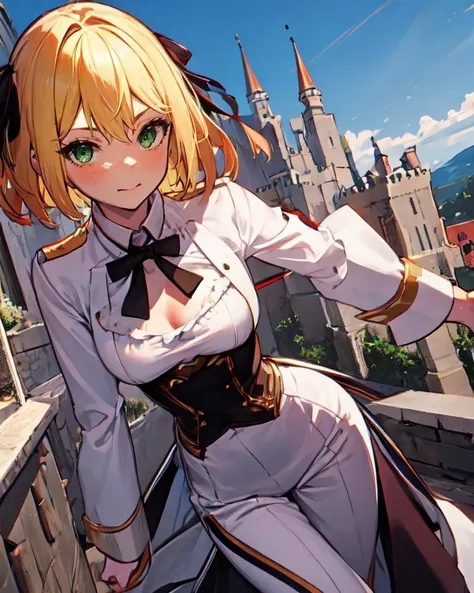 anisphia_wynn_palettia, blonde short hair, green eyes, hair ribbon, medium breasts, castle,
(pink skirt, white shirt:0)
suite, bowtie,
<lora:last:1.0>