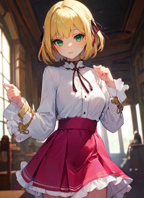 masterpiece, best quality, highres, 1girl anisphia ahoge hair ribbon, pink skirt frilled skirt white jacket cropped jacket white shirt white thighhighs frills black bow neck ribbon black ribbon wide sleeves <lora:anisphia:1> sitting, wariza, (photorealistic:1.2), knee boots