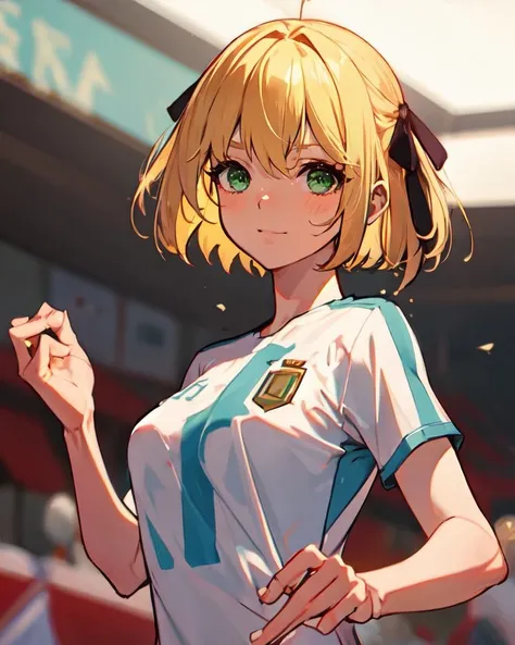 anisphia_wynn_palettia, blonde short hair, green eyes, hair ribbon, medium breasts, (castle:0),
(pink skirt, white shirt:0)
soccer, argentina shirt, soccer ball, 
<lora:last:1.0>