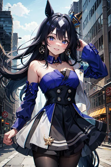 (masterpiece, best quality, ultra detailed), (perfect face, detailed face), (detailed background, complex background:1.2), full-face blush, (smile:1.2), wind, windy, looking at viewers,
<lora:umamusume_verxina:0.8> verxina, hair ornament, horse ears, horse tail, white jacket, blue dress, strapless dress, detached collar, single sleeve, wrist cuffs, skirt, pantyhose, earrings, (cowboy shot:1.5), tilt head, solo, standing,
(outdoors, building, city, modern city)