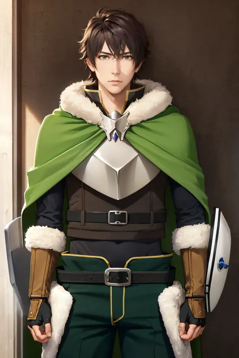 (masterpiece, best quality:1.2), solo, male focus, 1boy, iwatani naofumi, expressionless, looking at viewer, shield, fur trim, armor, green cape, pants, fingerless gloves <lora:shieldhero_iwatani:0.8>